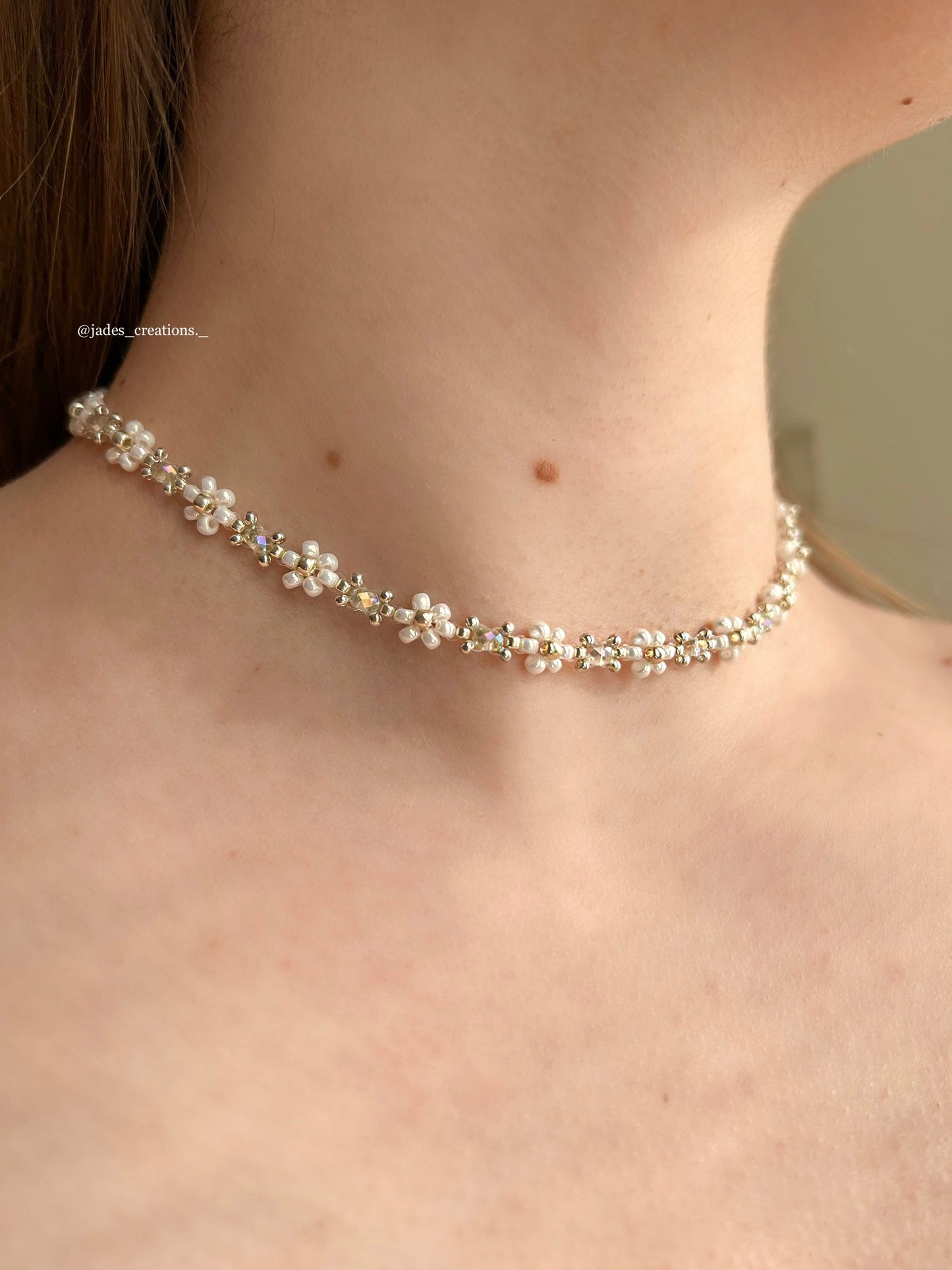 Collana Margherite girocollo con perline Verde Menta Argentata